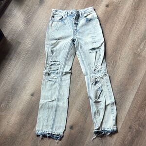 KanCan Blue Straight Leg Jeans with Distressed Details